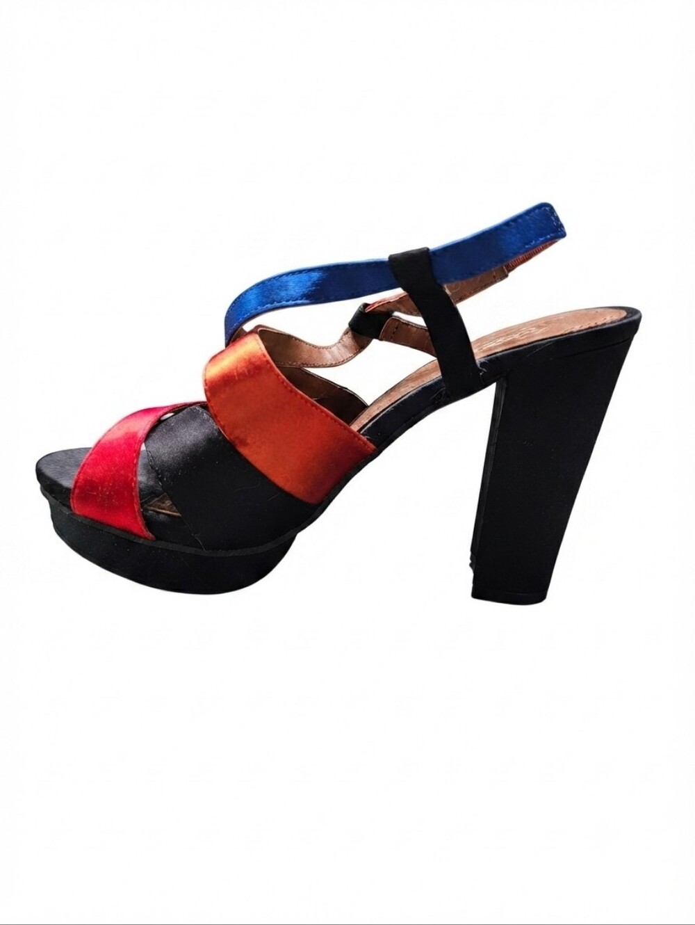 ​Metaphor Retro Colorblock Strappy Satin Platform Sandals Block Heel 9